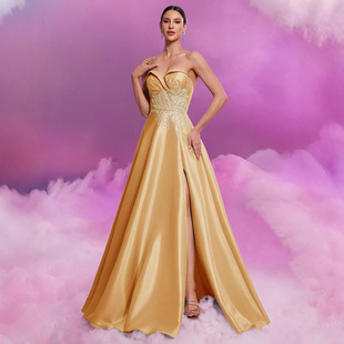 欧美性感正式主持人伴娘晚礼服优雅修身酒会音乐会黄色晚礼服