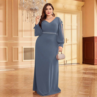 大码欧美新款长袖连衣裙V领钉珠长裙修身鱼尾伴娘宴会晚礼服女