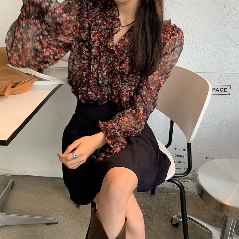 Real price ~ goddess explodes fairy small broken flower and wood ear chiffon shirt