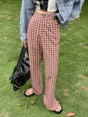 實拍實價~粉色格子直筒休閒拖地褲寬鬆闊腿喇叭褲