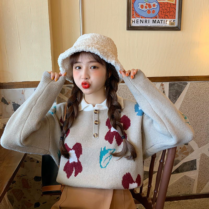 9015 ා real shot real price ~ Korean version loose Lapel flower warm and rusty sweater