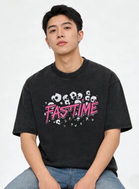 BLAU GRUN 2026新款复古重磅炒盐圆领短袖印花T时尚个性做旧炒色