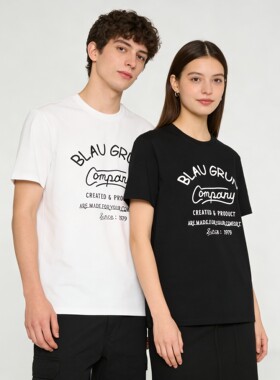 2026新款磨毛情侣短袖 BLAUGRUN字母logo印花绒面发泡工艺水洗T恤