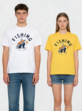 2026新款磨毛短袖t 钓鱼悠闲趣味情侣男女同款印花休闲复古短袖