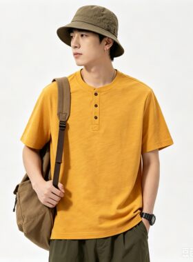 BLAU GRUN 26夏季竹节棉开胸亨利三粒扣T200克纯棉复古休闲男士T