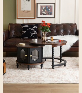 法式复古实木茶几圆形客厅家用小户型中古风家用美式轻奢组合圆几