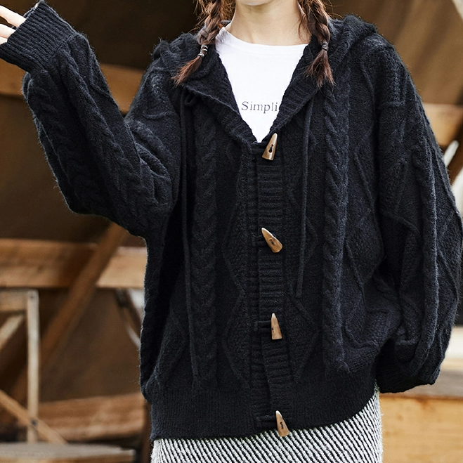 唐系列女装春季时尚纯色复古开衫长袖针织连帽仿牛角扣毛衣/毛-5