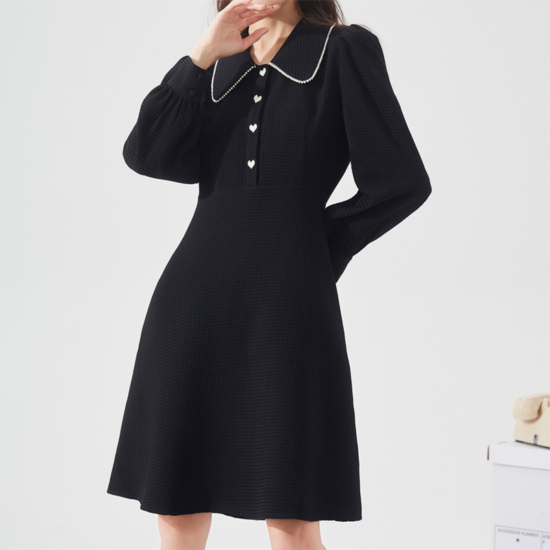 唐系列女装春季肌理面料小黑裙黑色连衣裙长袖收腰显瘦裙子/8-12