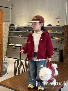 橙小七25深秋新款 连帽卡通刺绣一体绒卫衣外套