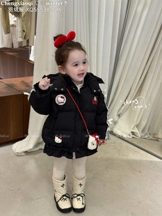 花边KT刺绣连帽羽绒服白鸭绒外套 新款 橙小7童装 女童宝宝儿童冬装