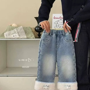中大童时髦加厚翻边百搭阔腿直筒裤 韩版 潮 2025冬季 女童加绒牛仔裤