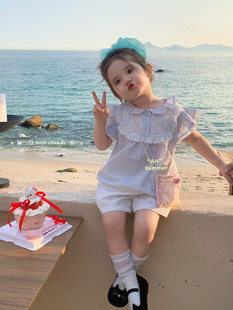 AH童装女童宝宝儿童夏装韩系翻领绣花飞袖娃娃衫衬衣花边小熊短裤