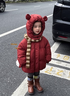 AH 过年外套红色外套2025新款羽绒服加厚连帽羽绒服带口袋羽绒服