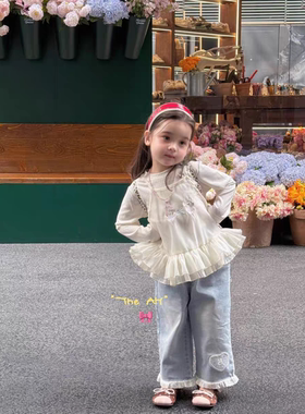 AH童装2026春季新款女童韩版吊带长袖两件套牛仔直筒裤可爱洋气