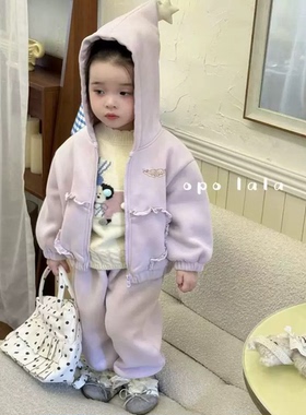 opolala25秋冬90-130女童韩版卡通毛衣运动连帽加厚不加绒套装
