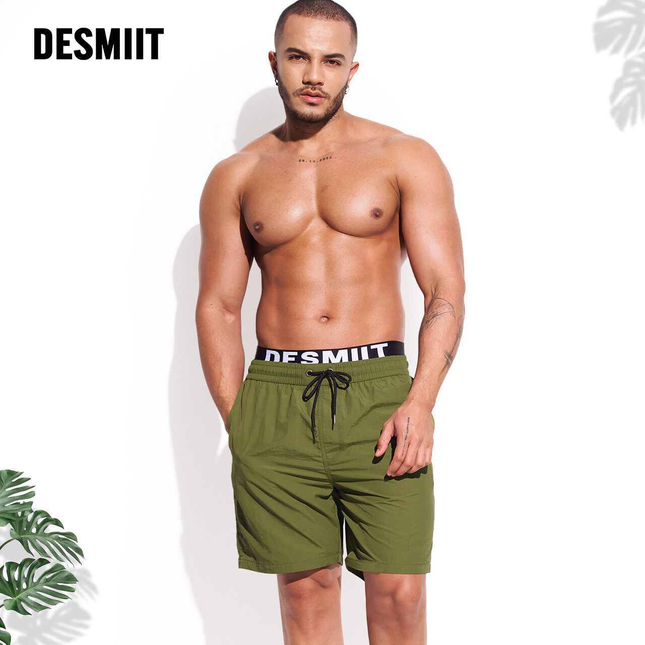 DESMIIT 男士沙滩裤双腰带速干内衬可下水薄款宽松5分运动短裤