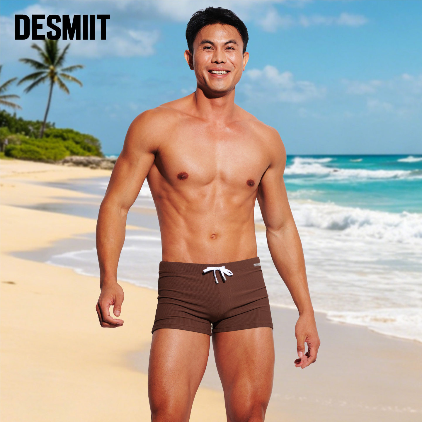 DESMIIT 男士泳裤条纹罩杯防尴尬高弹速干温泉训练游泳平角泳裤