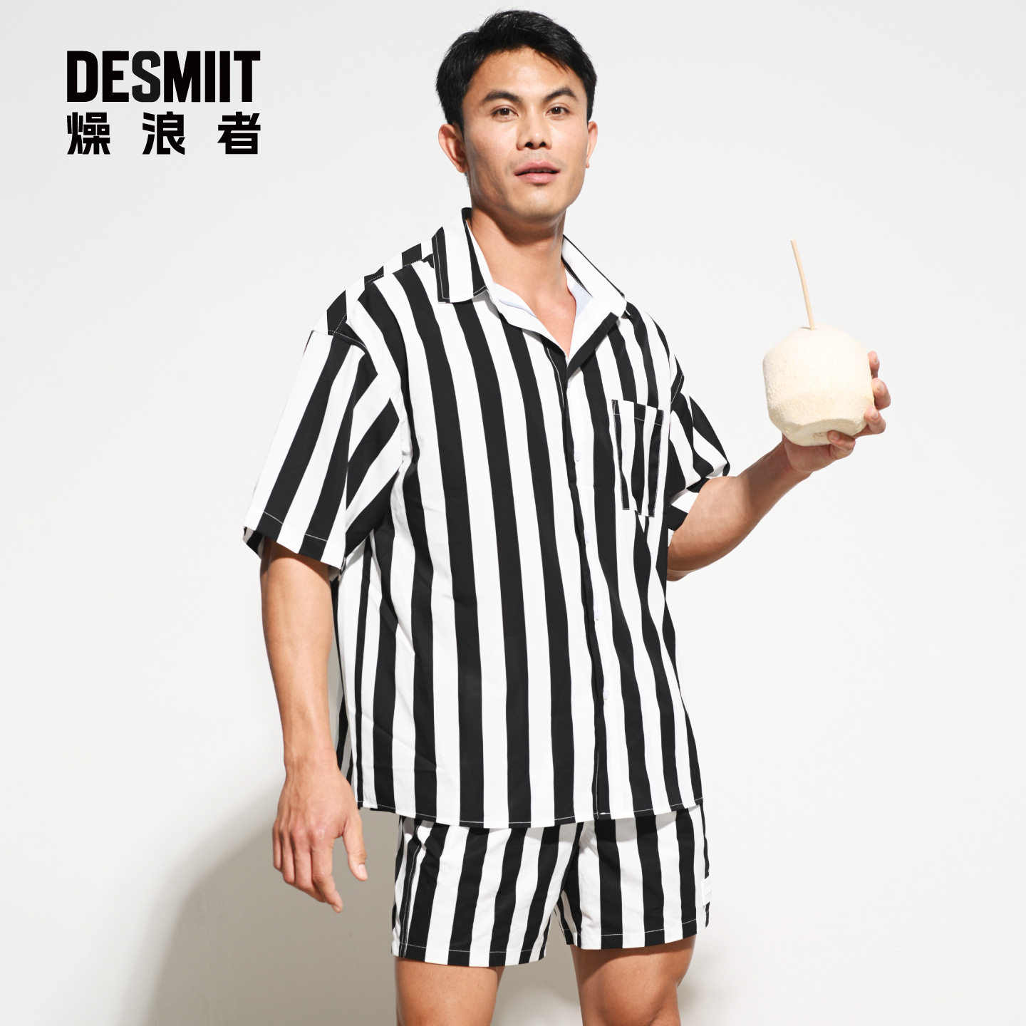 DESMIIT 男士短袖衬衫夏季条纹宽松薄款速干海滩度假休闲沙滩上衣