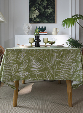 餐桌布绿色叶子素描美式台布长方形小清新茶几布艺圣诞棉麻圆桌布