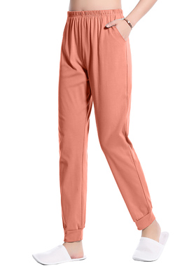 单件睡裤女士春秋季100%纯棉橙色纯素色空调房长裤休闲全棉家居裤
