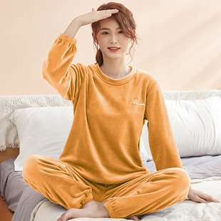 大弹力海岛绒睡衣女冬季珊瑚绒松紧缩口法兰绒黑色保暖家居服套装