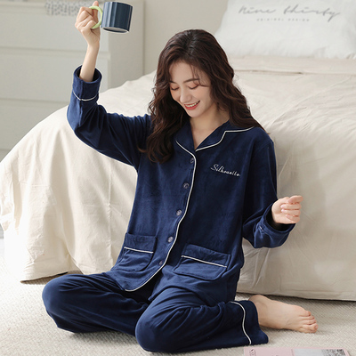 高弹力女海岛绒系扣开衫睡衣套装