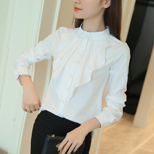 春秋新款白衬衫女长袖圆领衬衫修身打底花边衬衣OL白领职业正装