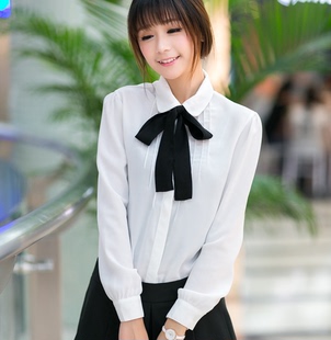 春秋韩版蝴蝶结飘带娃娃领白色长袖衬衫职业修身百搭雪纺衬衣白