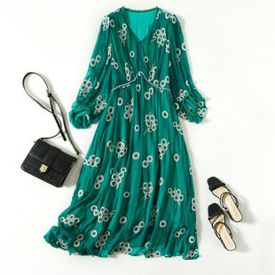 春季新款优质桑蚕丝碎花连衣裙v领长袖真丝连衣裙长裙85005