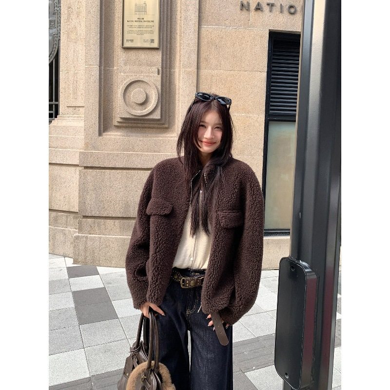 2025新款100羊毛颗粒羊羔毛皮草外套女短款立领皮毛一体大衣年轻