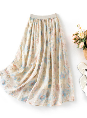 真丝万针刺绣桑蚕丝拼接重工纯色松紧腰大摆彩色绣花半身裙85054