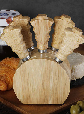 奶酪刀橡胶木收纳架圣诞树手柄芝士刀套装5件套奶油刀配刀座