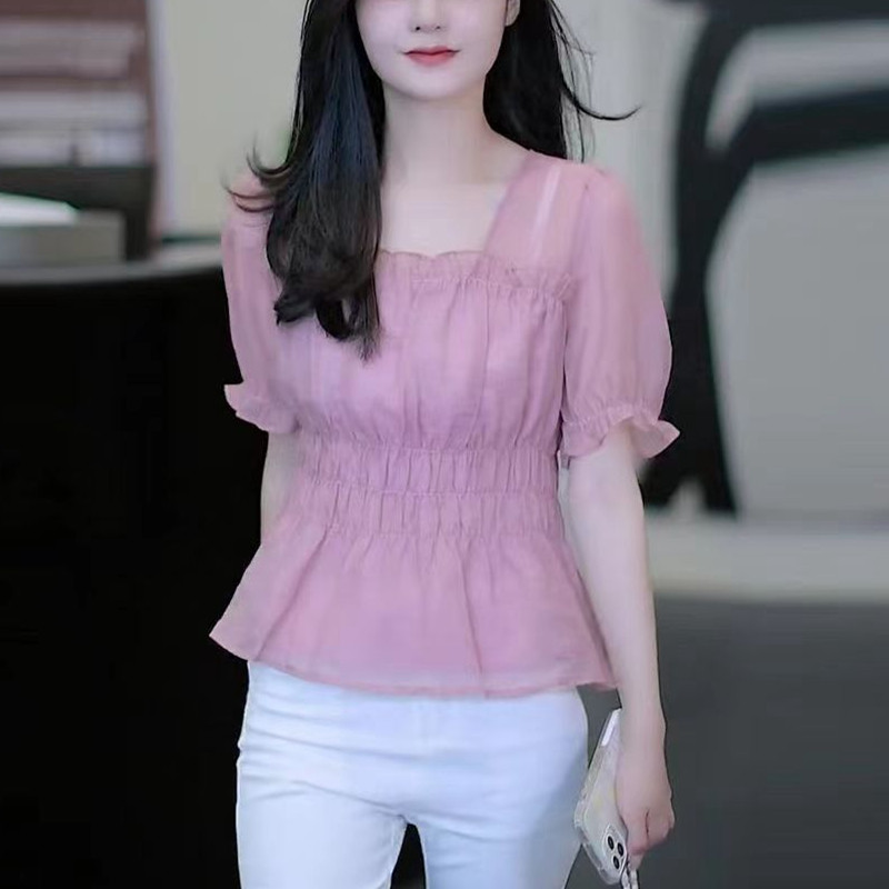 法式夏季小清新短袖方领衬衫女高级感收腰显瘦甜美木耳边超仙上衣
