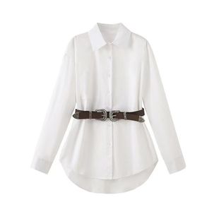 赵露思同款白色不规则翻领衬衫连衣裙配腰带辣妹设计感长袖衬衣女