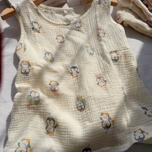 纯棉纱布睡衣上衣单件女凉快夏季 可爱卡通宽松家居服 双层背心无袖