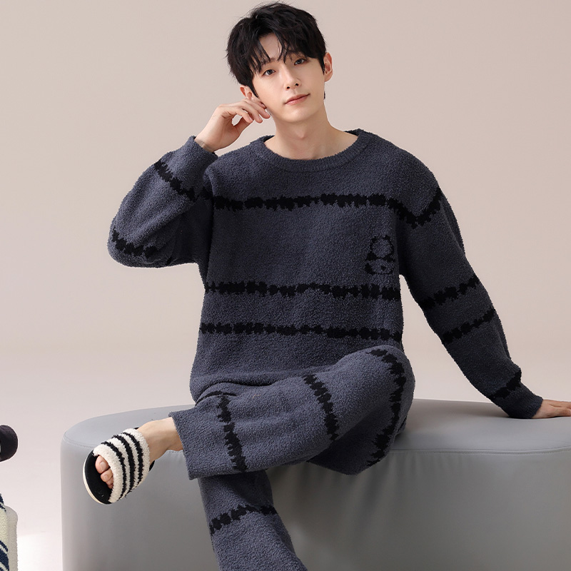 半边绒睡衣男款休闲风秋冬季加厚