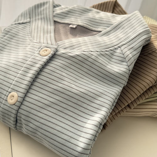 立领条纹德绒睡衣单件上衣长袖