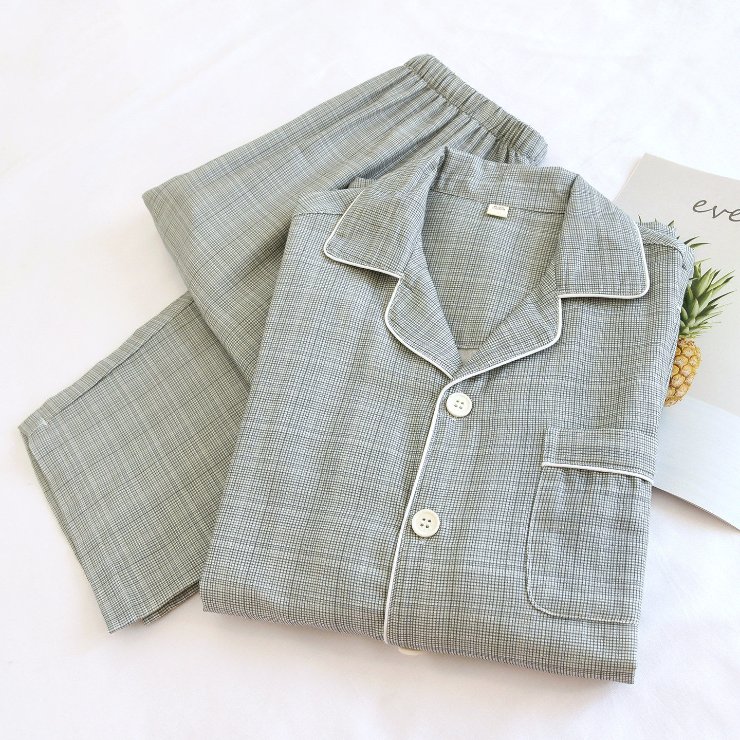 日系格子无印色织纯棉纱布睡衣男士春季薄款长袖家居服宽松可外穿