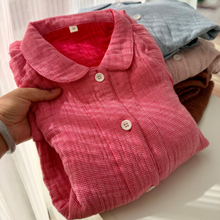 四层100纯棉纱布睡衣女款长袖春秋冬加厚全棉宽松高档软糯家居服