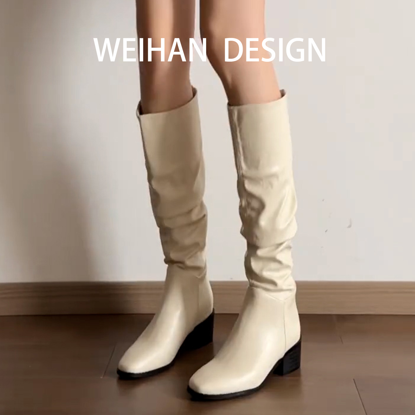 羊皮版！白色显瘦粗跟套