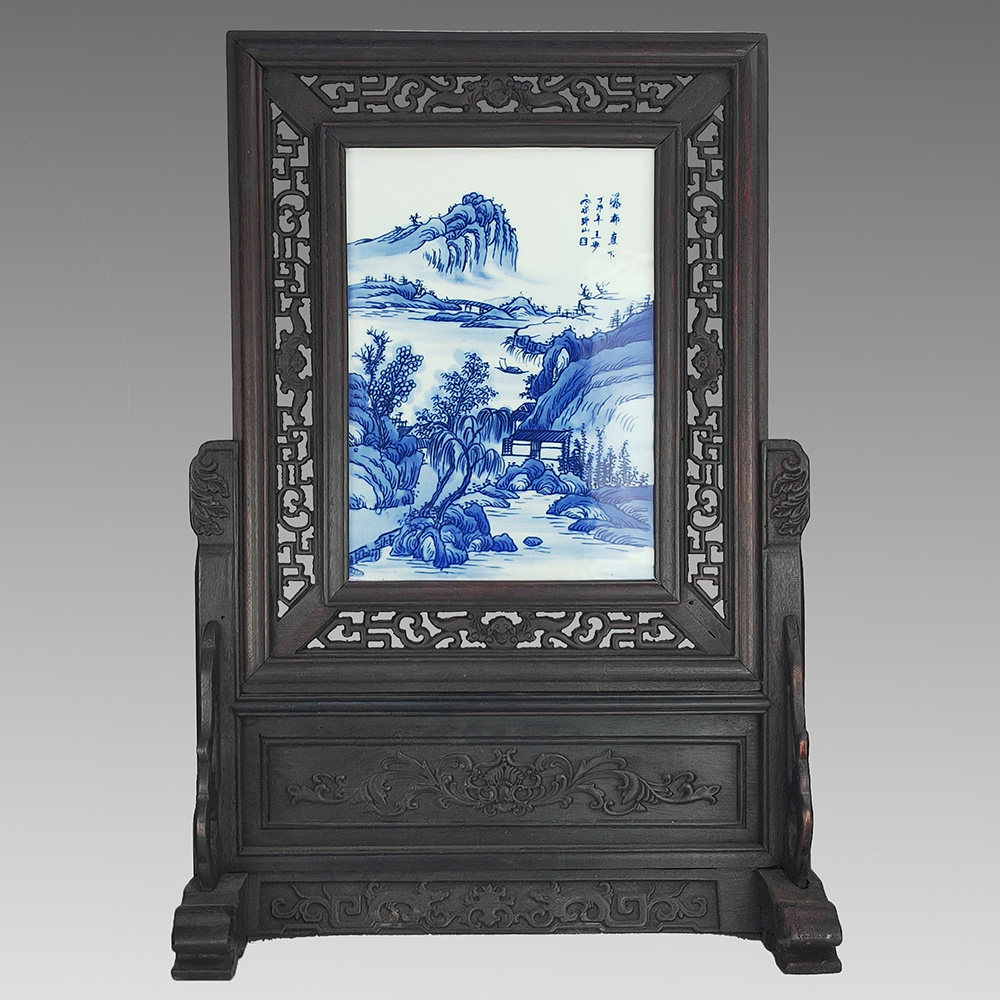 陶瓷仿古风粉彩山水图小插屏摆件