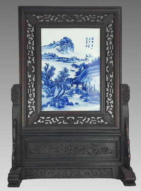 陶瓷仿古风粉彩山水图小插屏摆件