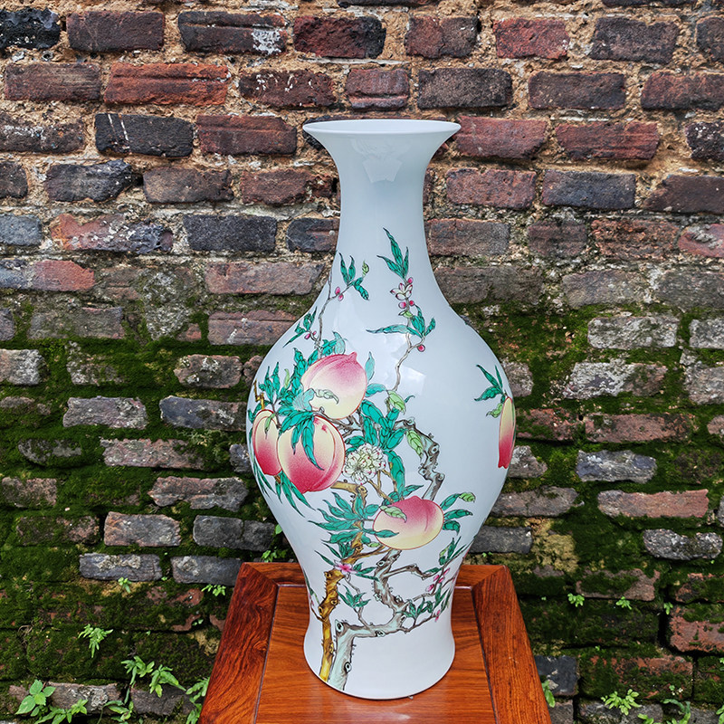 粉彩寿桃橄榄花瓶 八桃两蝠 纯手工绘制仿古 景德镇陶瓷器瓷 摆件