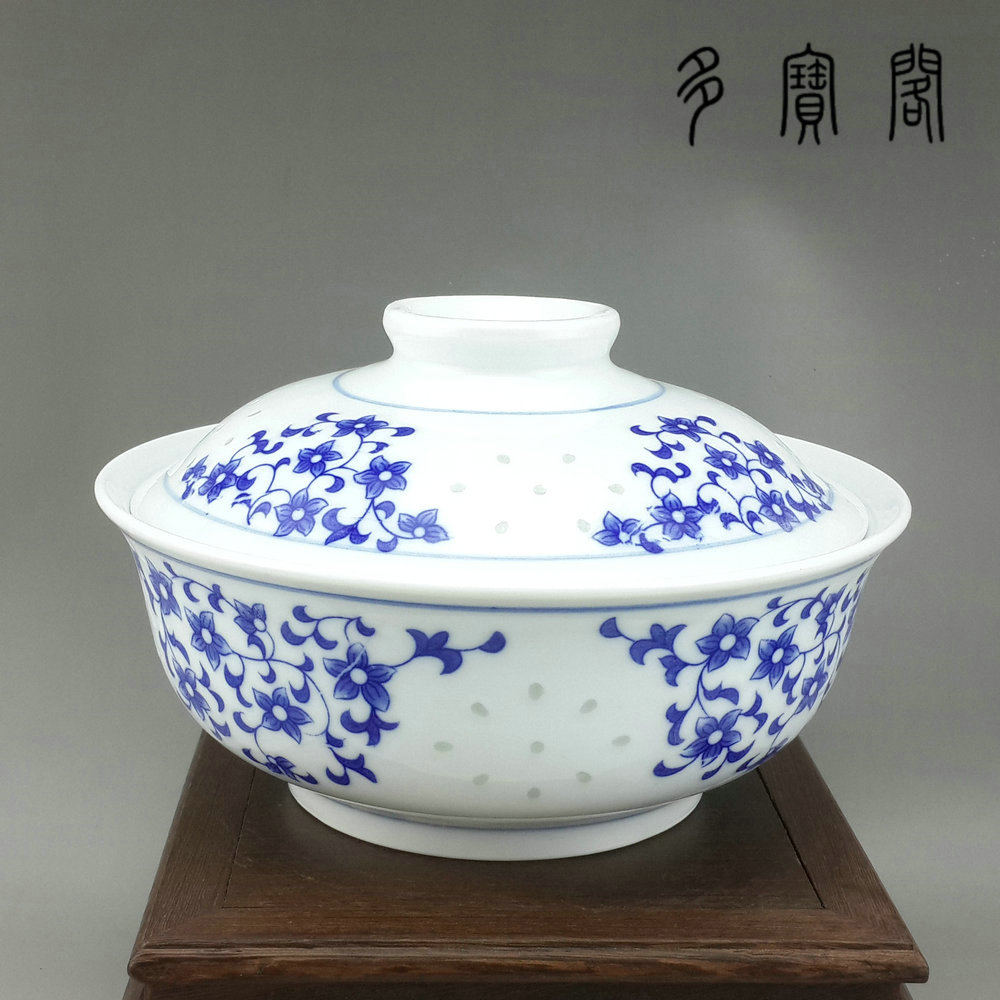 景德镇青花玲珑合器7-8英寸带盖盘子陶瓷菜盘泡面盖碗可微波炉用