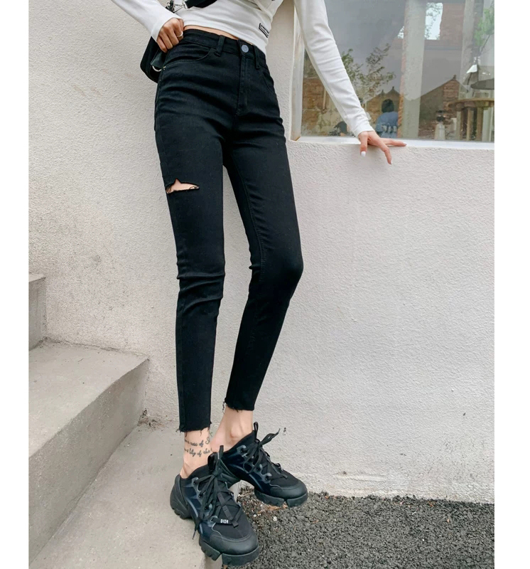 黑灰弹力显瘦9分紧身小脚裤