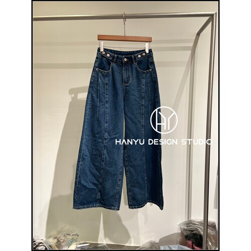 100%棉高腰阔腿牛仔裤女