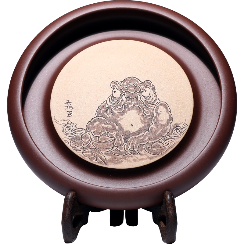 宜兴原矿紫砂粉浆壶承刻绘茶海功夫茶具盘壶托杯垫干泡台储水金蟾
