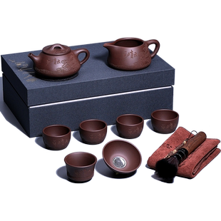 宜兴原矿紫砂壶全手工茶壶整套功夫茶具礼盒老紫泥石瓢平步青云