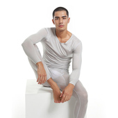 性感诱惑半透打底裤 套装 潮男 超薄冰丝无痕秋衣九分裤 艾瑟氏男士