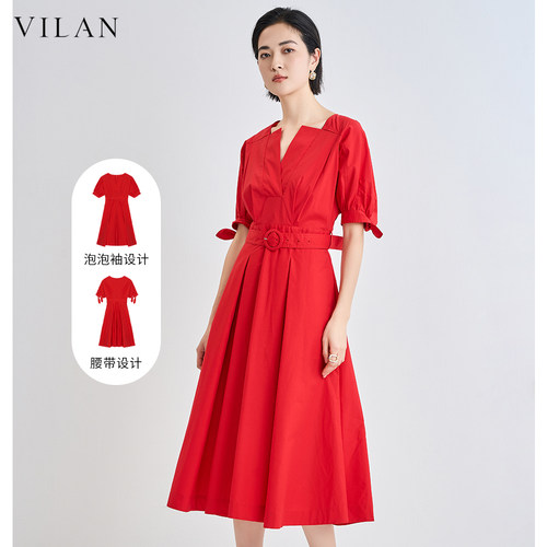 vilan/慧兰新款时尚高端连衣裙气质短袖百搭简约A字显瘦收腰长裙